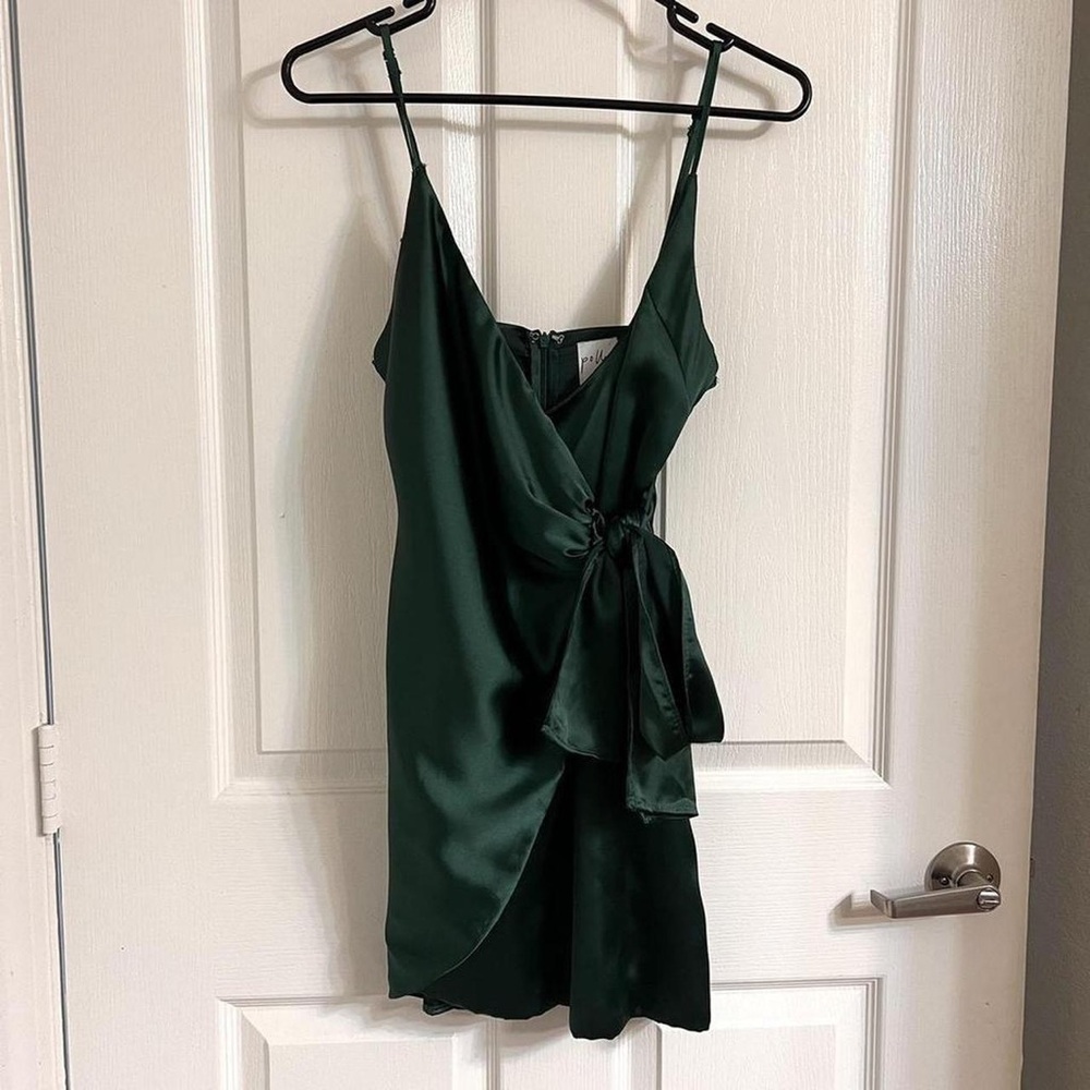 Oh Polly Emerald Satin Wrap Mini Dress